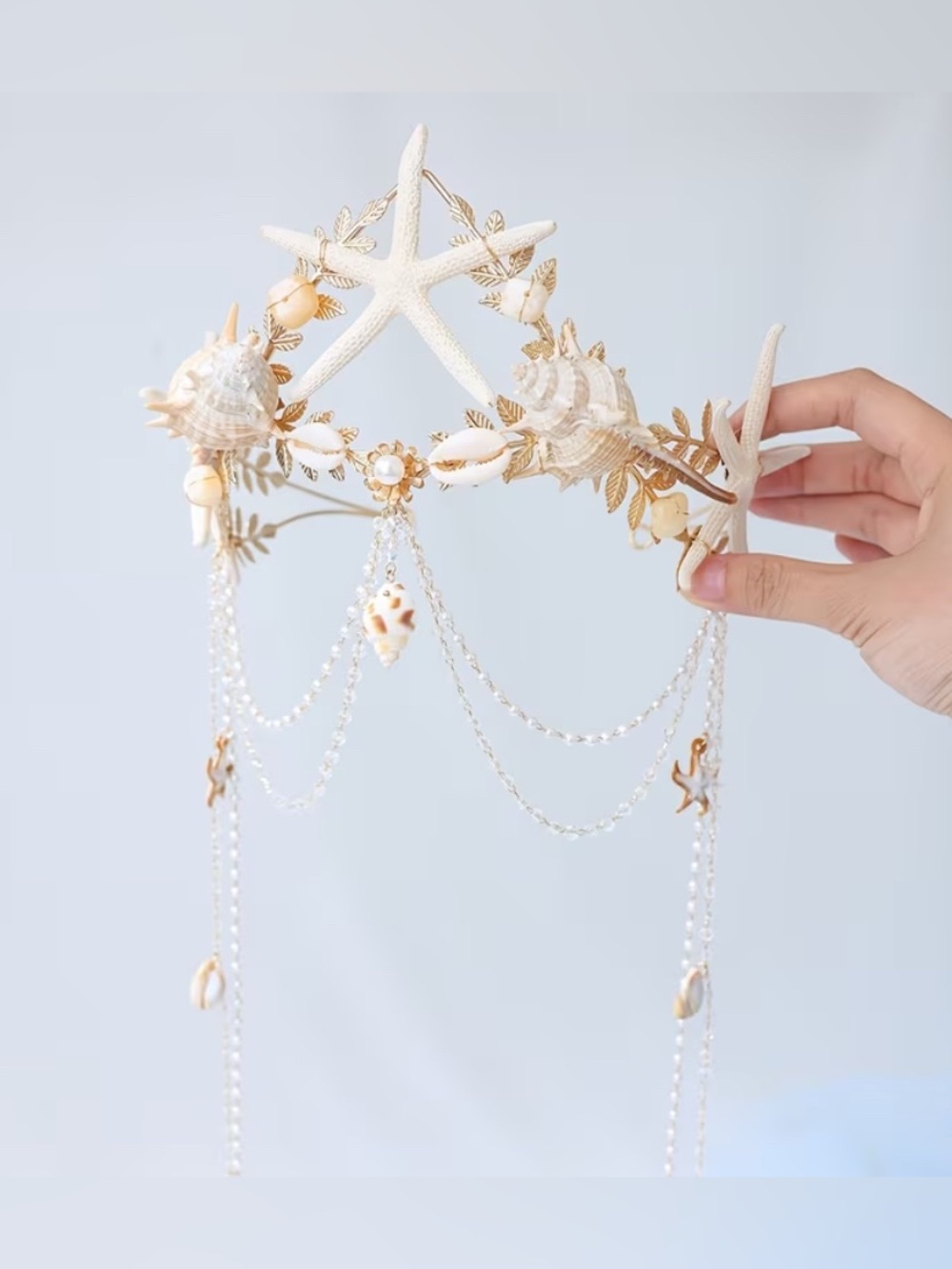 Seashell Pearl Draped Tiara - White & Gold Mermaid Headpiece - Picture 5 of 5